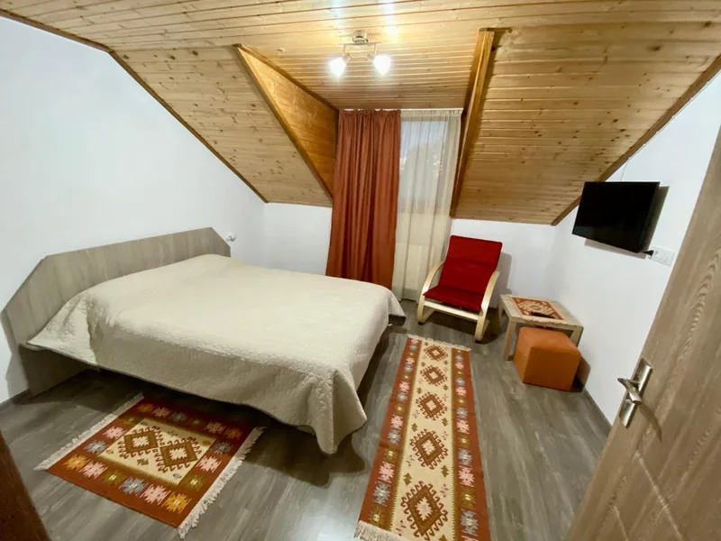 Cameră dublă cu tavan din lemn, covor tradițional și fotoliu roșu