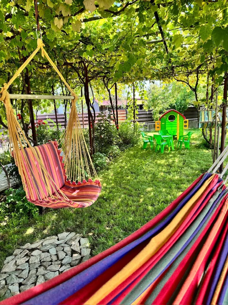 Hamac colorat sub bolta de viță-de-vie, în grădină